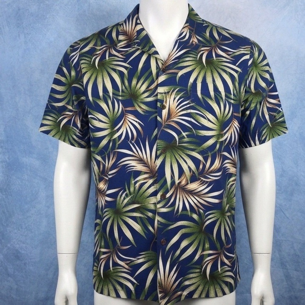 RJC Hawaiian Shirt Mens 2XL Blue Tropical Palm Leaf Print Button Up Made in USA